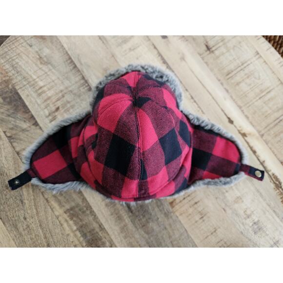 EDDIE BAUER Wool Blend Hadlock Trapper Hat~ Red Checkered / Faux Fur~Size S/M - Picture 5 of 9
